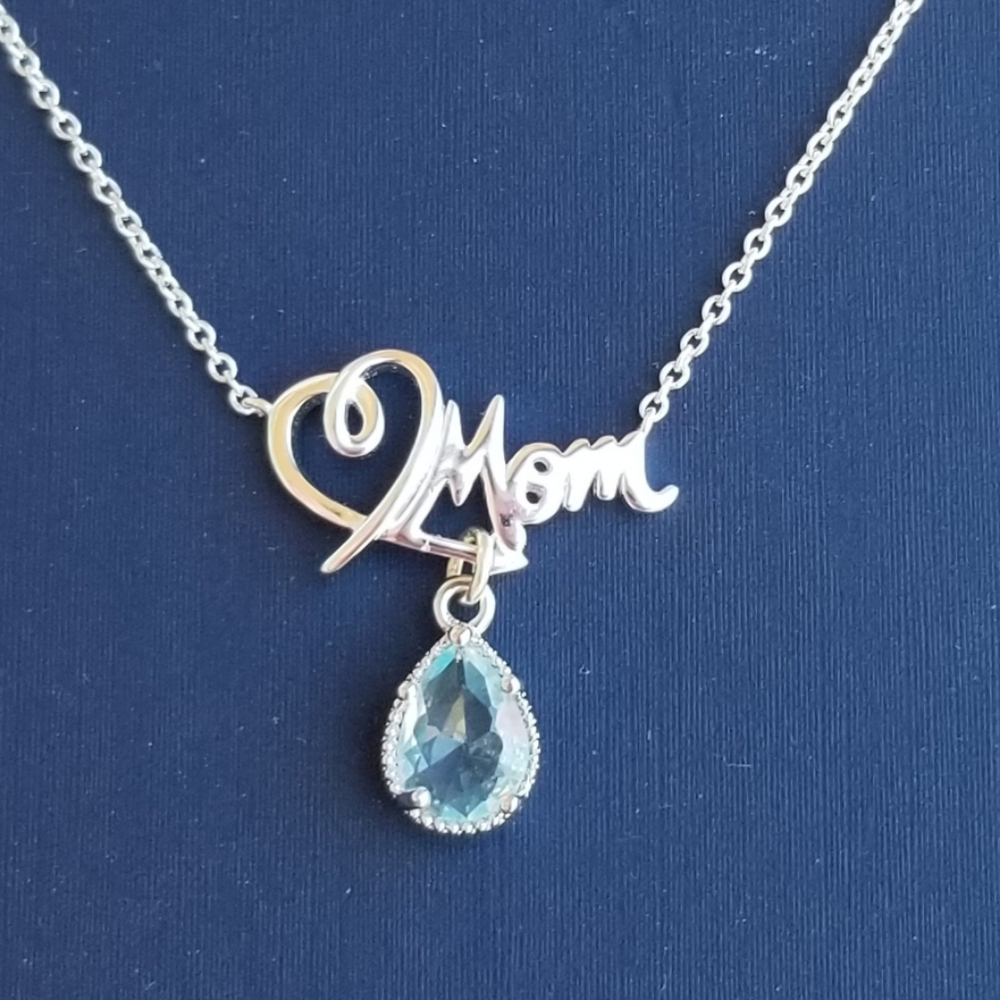 Sterling Silver Mom Pendant Necklace, Aquamarine Necklace, Mothers Day Gift